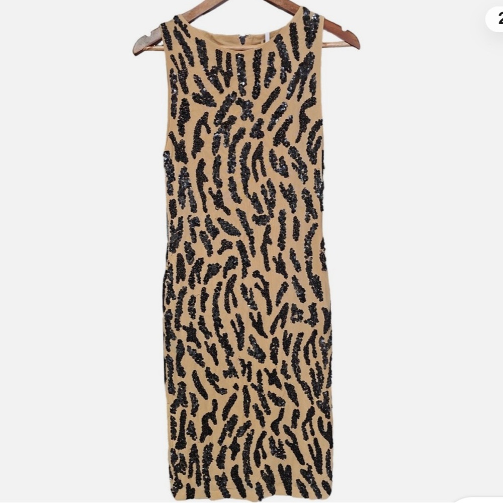 Alice + Olivia Black and Tan Patterned Midi Dress